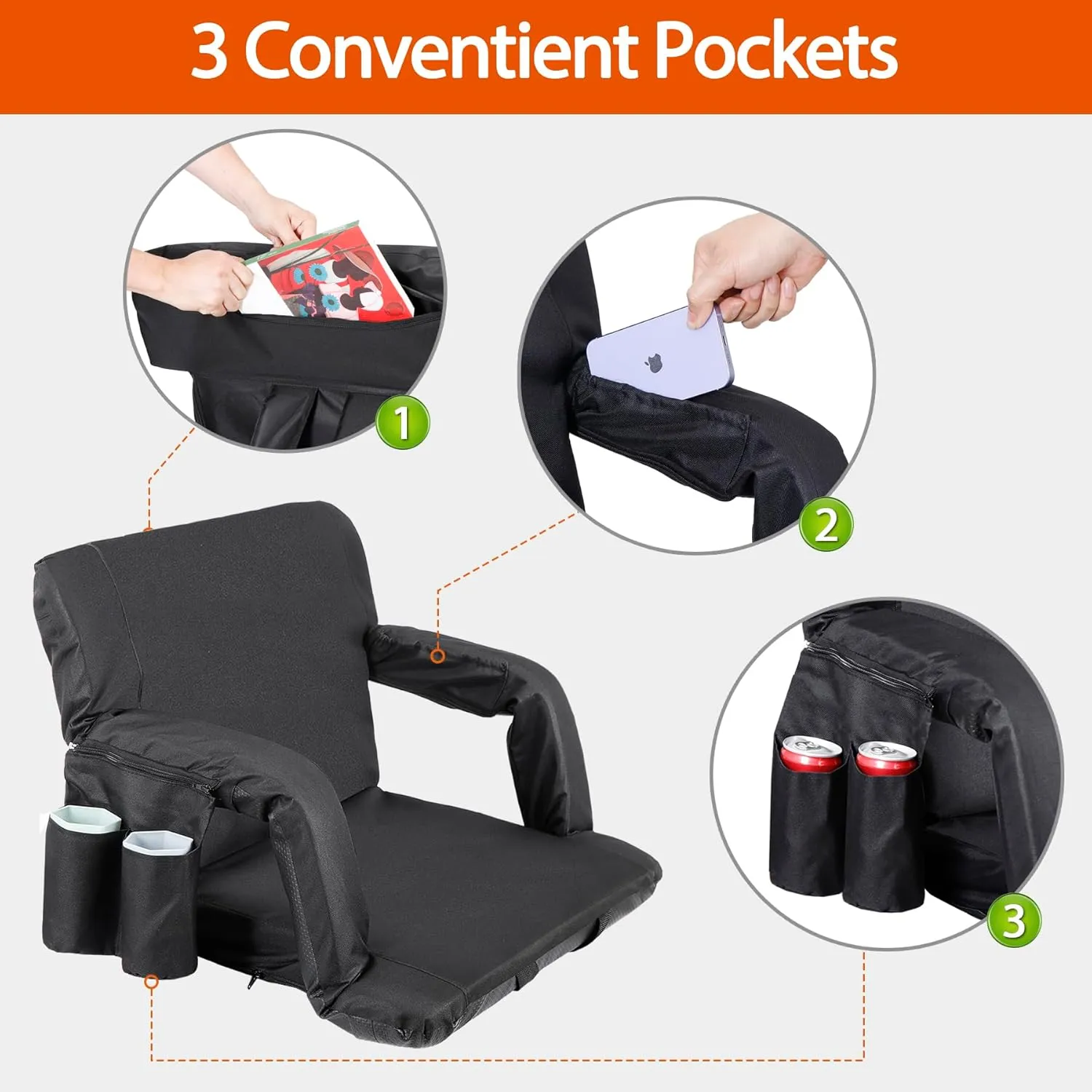 Widened Foldable 24.6 in Stadium Seat for Bleachers - Camping Stadium Seat Chair with Backrest Armrests 6 Adjustable Reclining Positions for Fishing Beach