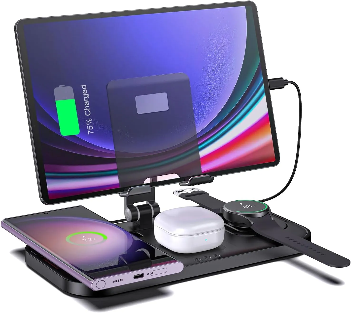 Wireless Charger for Samsung, 4 in 1 Charging Station for Samsung, Foldable Charging Stand for Galaxy S25 Ultra/S24/S23/S22/Note 20/Fold6/Flip6/Galaxy Watch 7/6/5Pro/4/3/Galaxy Buds/Android/Tablet