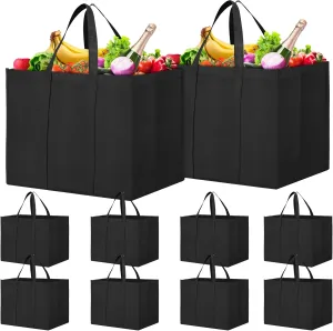 WISELIFE Reusable Grocery Shopping Bags 10 Pack Large Foldable Tote Bags Bulk, with Long Handle for Shopping Groceries Clothes (Black)