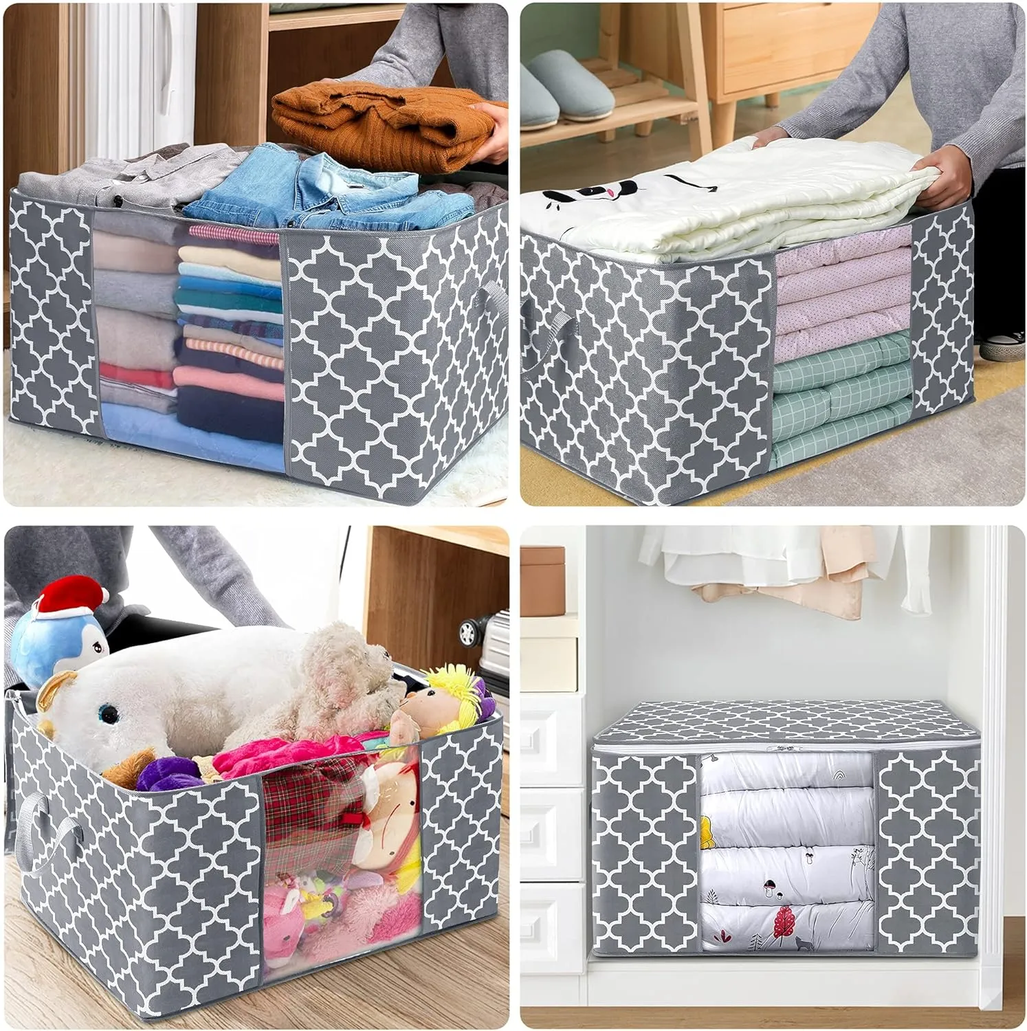 WISELIFE Storage Bags 100L 3-Pack Large Blanket Clothes Organization and Storage Containers for Bedding, Comforters, Foldable Organizer with Reinforced Handle, Clear Window, Sturdy Zippers, Light Grey