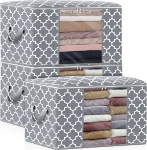 WISELIFE Storage Bags 100L 3-Pack Large Blanket Clothes Organization and Storage Containers for Bedding, Comforters, Foldable Organizer with Reinforced Handle, Clear Window, Sturdy Zippers, Light Grey