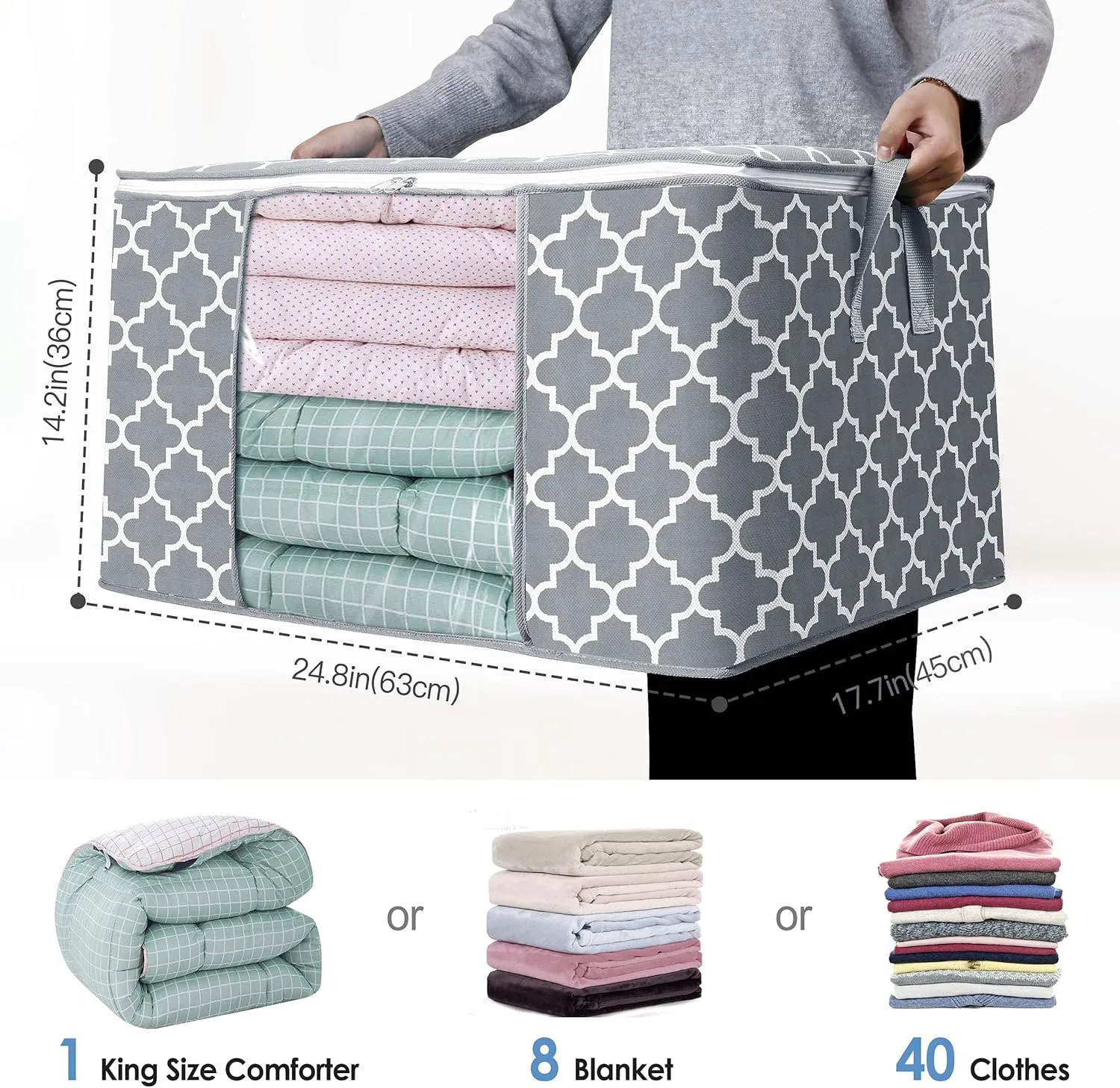 WISELIFE Storage Bags 100L 3-Pack Large Blanket Clothes Organization and Storage Containers for Bedding, Comforters, Foldable Organizer with Reinforced Handle, Clear Window, Sturdy Zippers, Light Grey