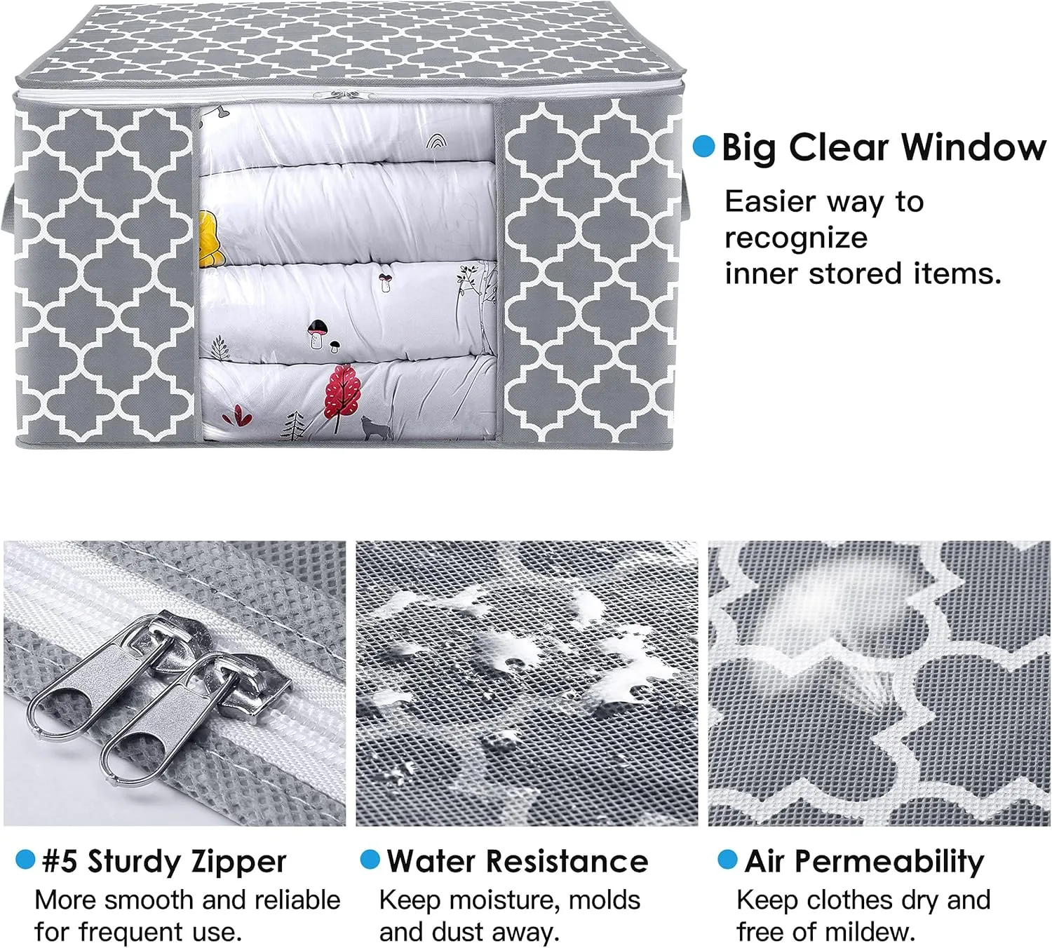 WISELIFE Storage Bags 100L 3-Pack Large Blanket Clothes Organization and Storage Containers for Bedding, Comforters, Foldable Organizer with Reinforced Handle, Clear Window, Sturdy Zippers, Light Grey