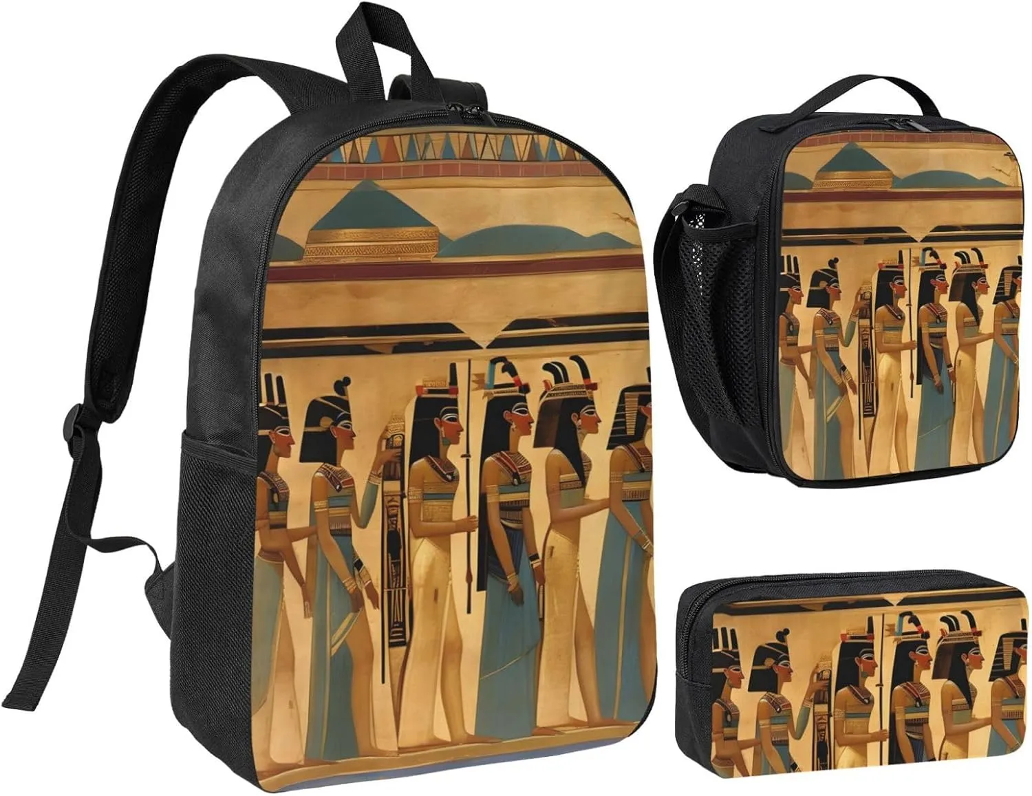 women in ancient egypt print 3PCS Backpack for Men Women Aesthetic 17 Inches Bookbag with Lunch Box Pencil Bag