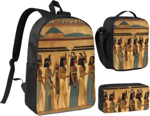 women in ancient egypt print 3PCS Backpack for Men Women Aesthetic 17 Inches Bookbag with Lunch Box Pencil Bag