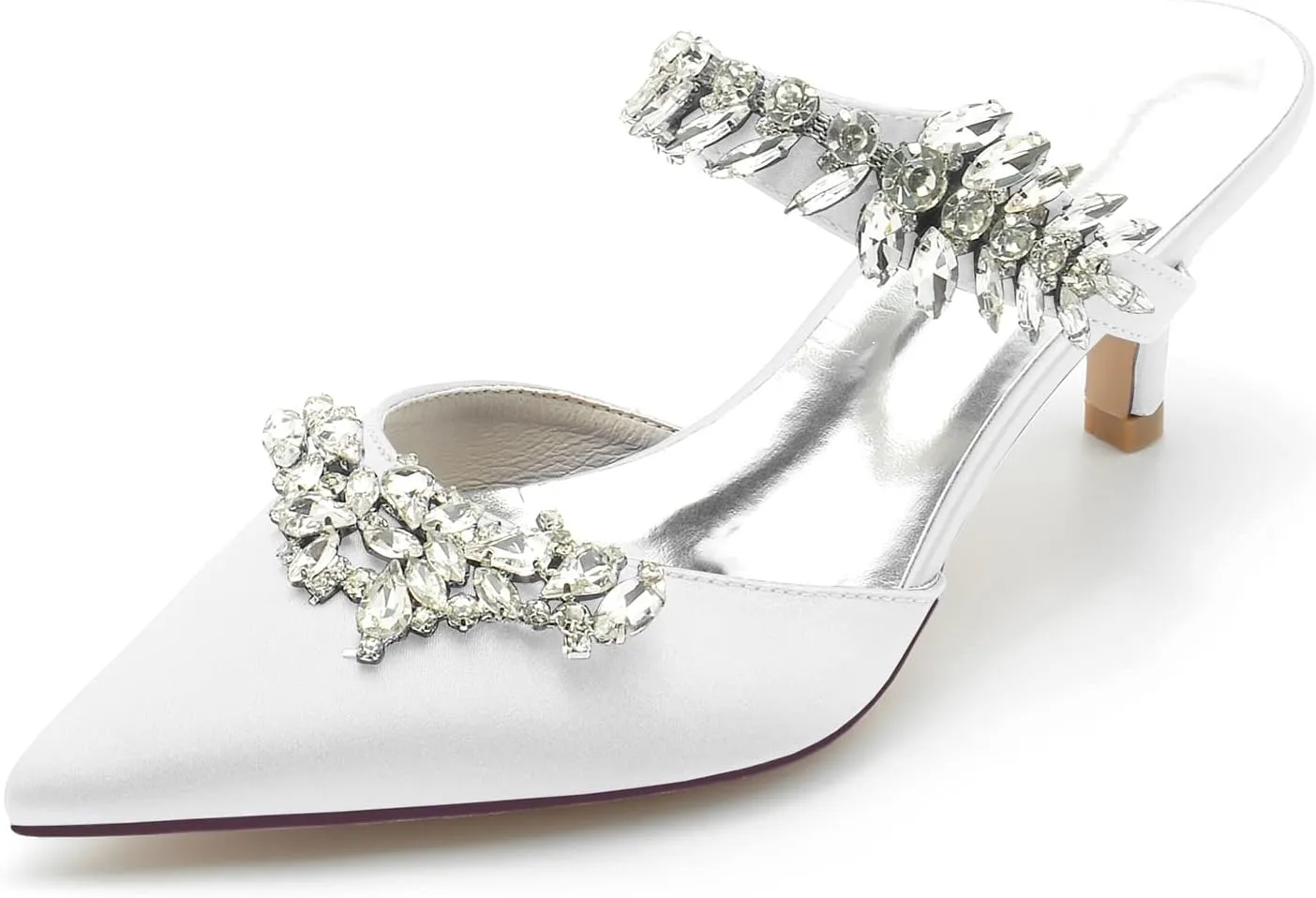 Women Pointed Toe Rhinestone Slide Mule Pumps Sexy Evening Satin Crystal Kitten Low Heel Dress Shoes White Size 10