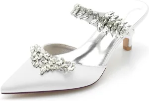 Women Pointed Toe Rhinestone Slide Mule Pumps Sexy Evening Satin Crystal Kitten Low Heel Dress Shoes White Size 10