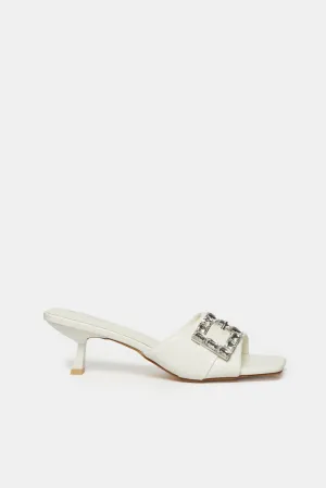 Women White Buckle Trim Mule