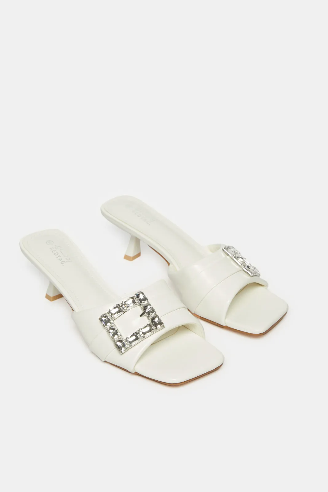 Women White Buckle Trim Mule