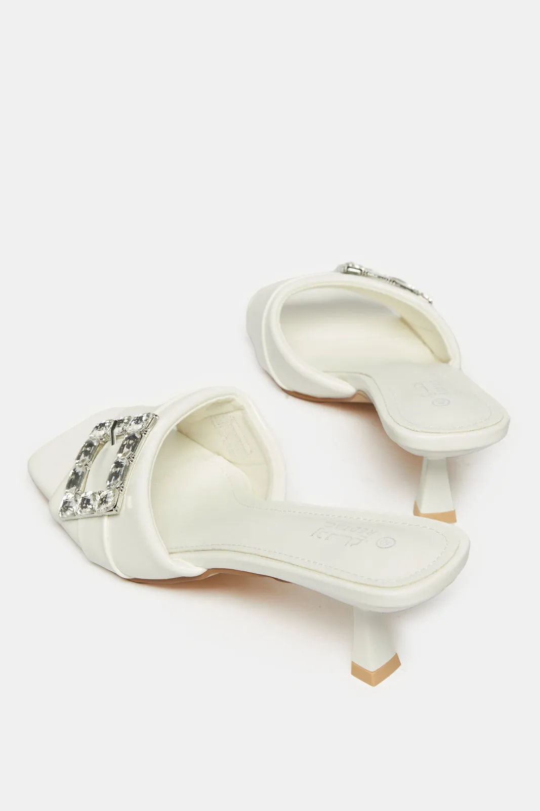Women White Buckle Trim Mule
