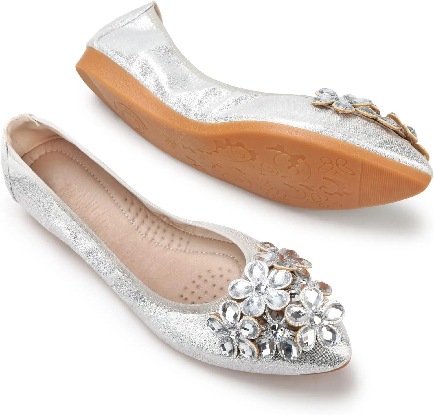 Women's Ballet Flats Rhinestone Soft Wedding Ballerina Shoes Foldable Sparkly Dress Comfort Slip on Flat Shoes