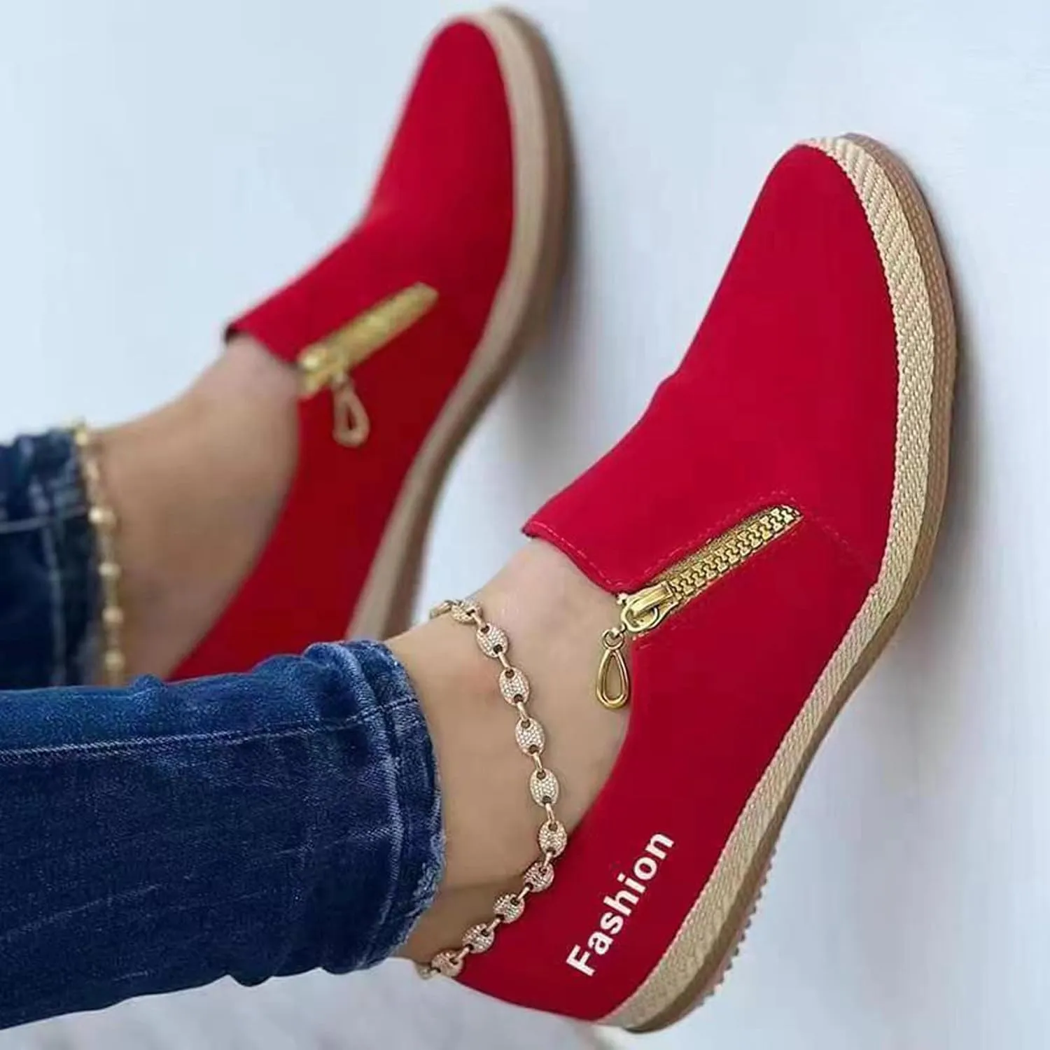 Womens Canvas Shoes Summer Fashion Casual Round Toe Closed Toe Zipper Platform Sole Hemp Rope Shoes Solid Color Lightweight Comfy Walking Shoes Loafers