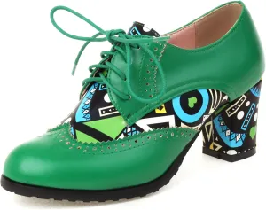 Women's Chunky Heels Oxfords Pumps Block High Heels Round Toe Lace Up Brogues Shoes