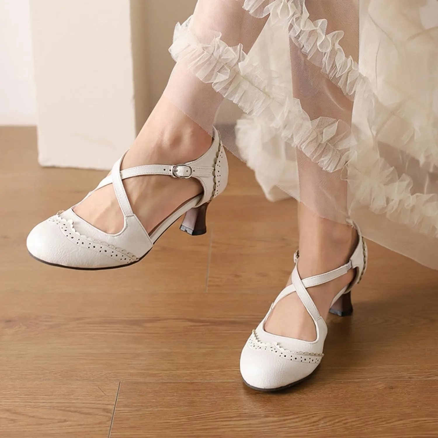 Women's Cross Ankle Strap Buckle Low Kitten Heels Mary Jane Dress Pumps Closed Round Toe Vintage Hollow Out Wingtip Brogues Office Work Oxfords Shoes