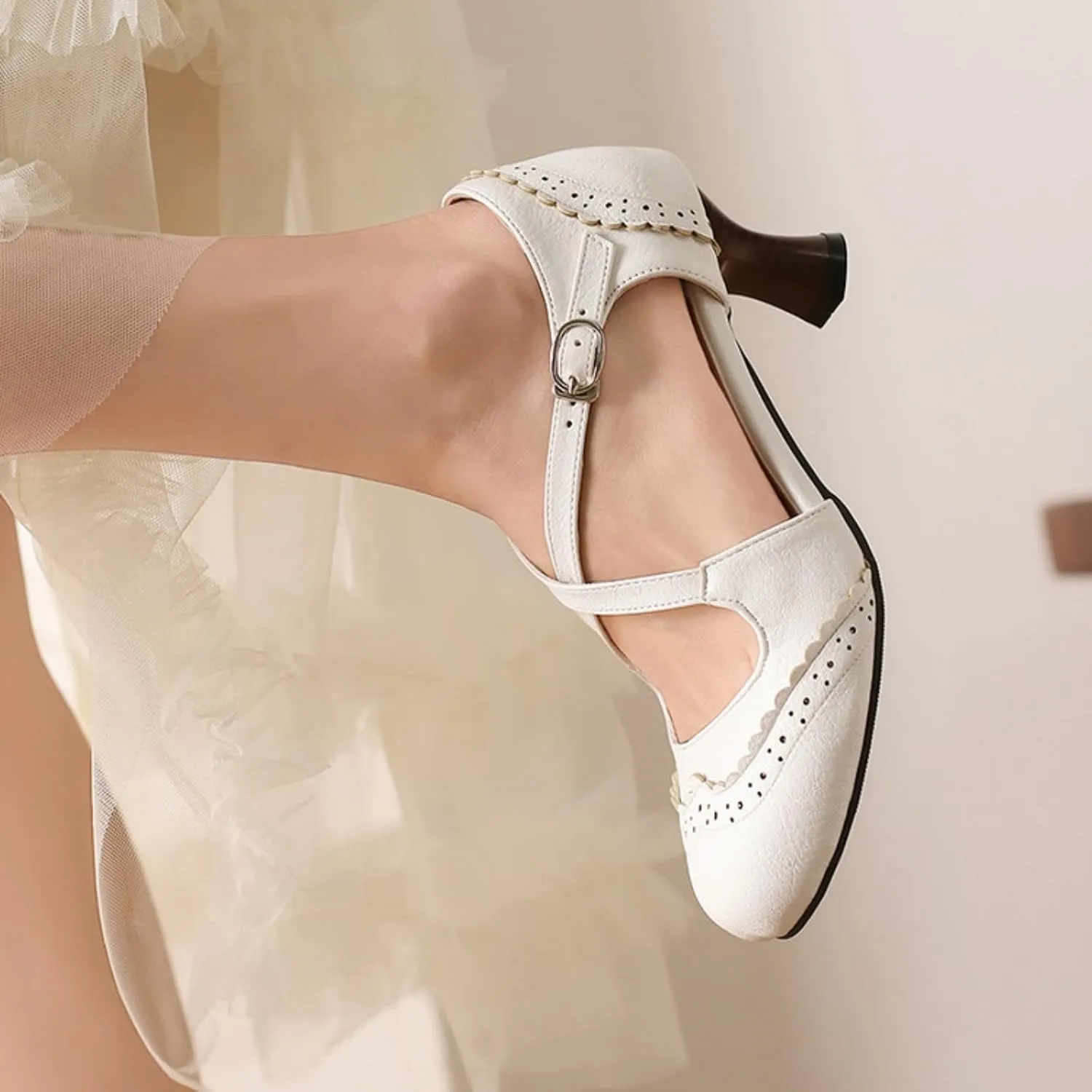 Women's Cross Ankle Strap Buckle Low Kitten Heels Mary Jane Dress Pumps Closed Round Toe Vintage Hollow Out Wingtip Brogues Office Work Oxfords Shoes