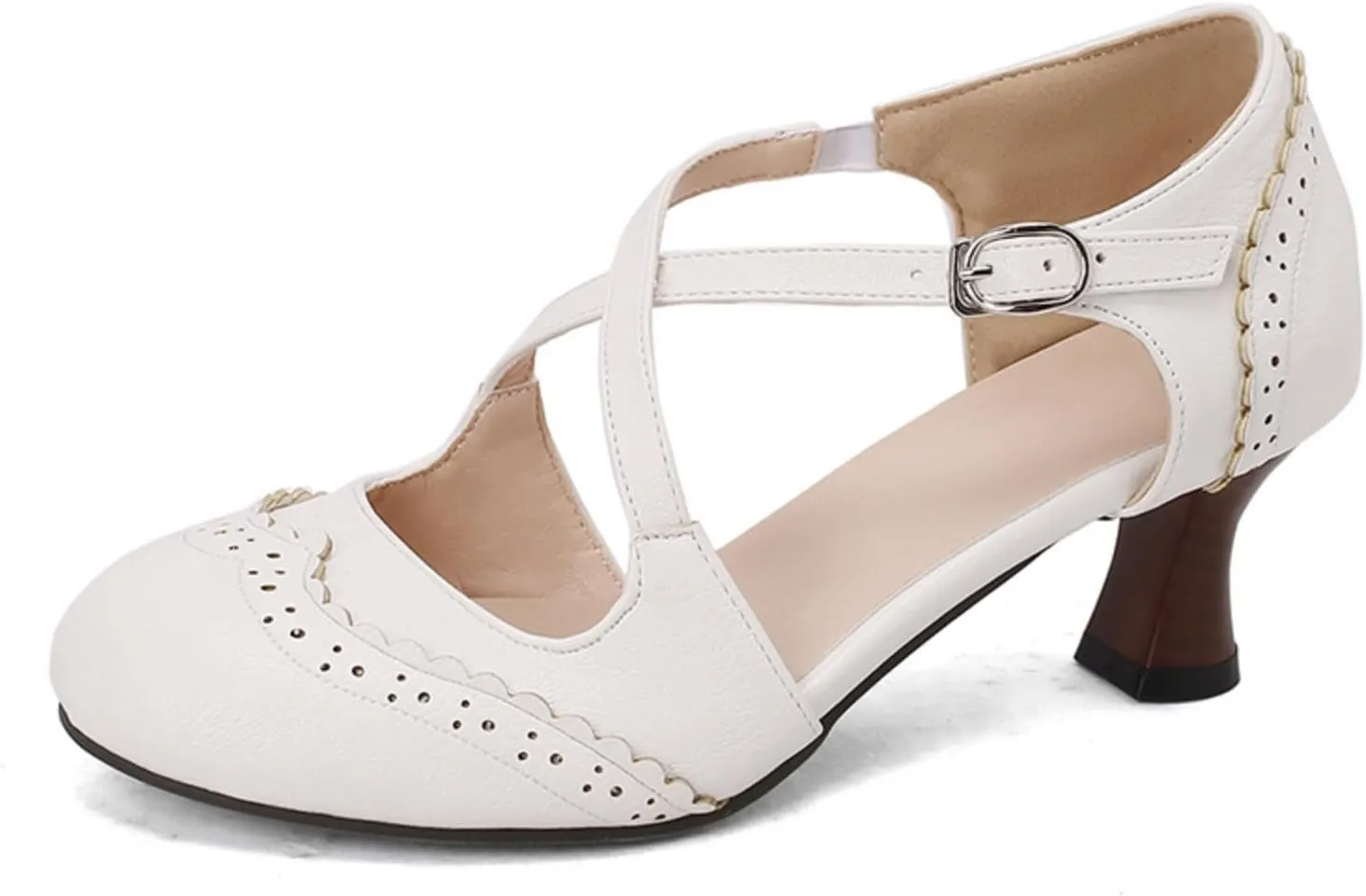 Women's Cross Ankle Strap Buckle Low Kitten Heels Mary Jane Dress Pumps Closed Round Toe Vintage Hollow Out Wingtip Brogues Office Work Oxfords Shoes