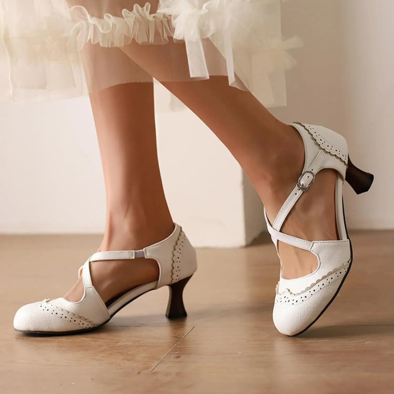 Women's Cross Ankle Strap Buckle Low Kitten Heels Mary Jane Dress Pumps Closed Round Toe Vintage Hollow Out Wingtip Brogues Office Work Oxfords Shoes