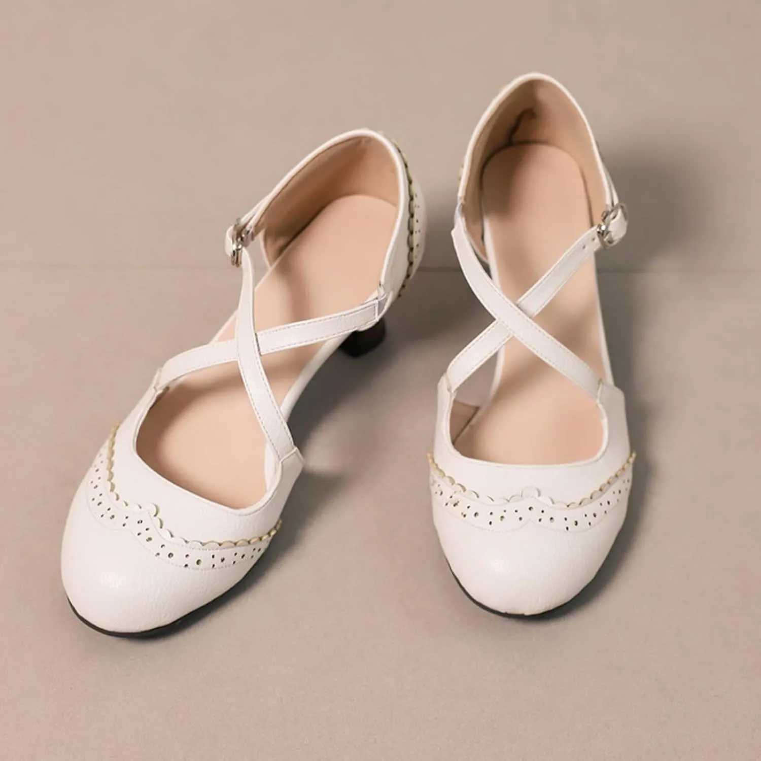 Women's Cross Ankle Strap Buckle Low Kitten Heels Mary Jane Dress Pumps Closed Round Toe Vintage Hollow Out Wingtip Brogues Office Work Oxfords Shoes