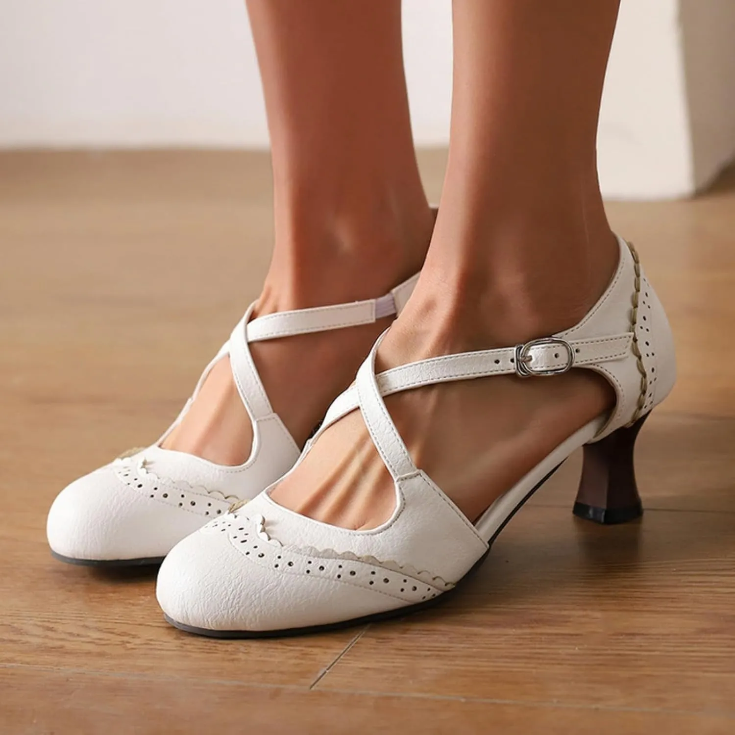 Women's Cross Ankle Strap Buckle Low Kitten Heels Mary Jane Dress Pumps Closed Round Toe Vintage Hollow Out Wingtip Brogues Office Work Oxfords Shoes
