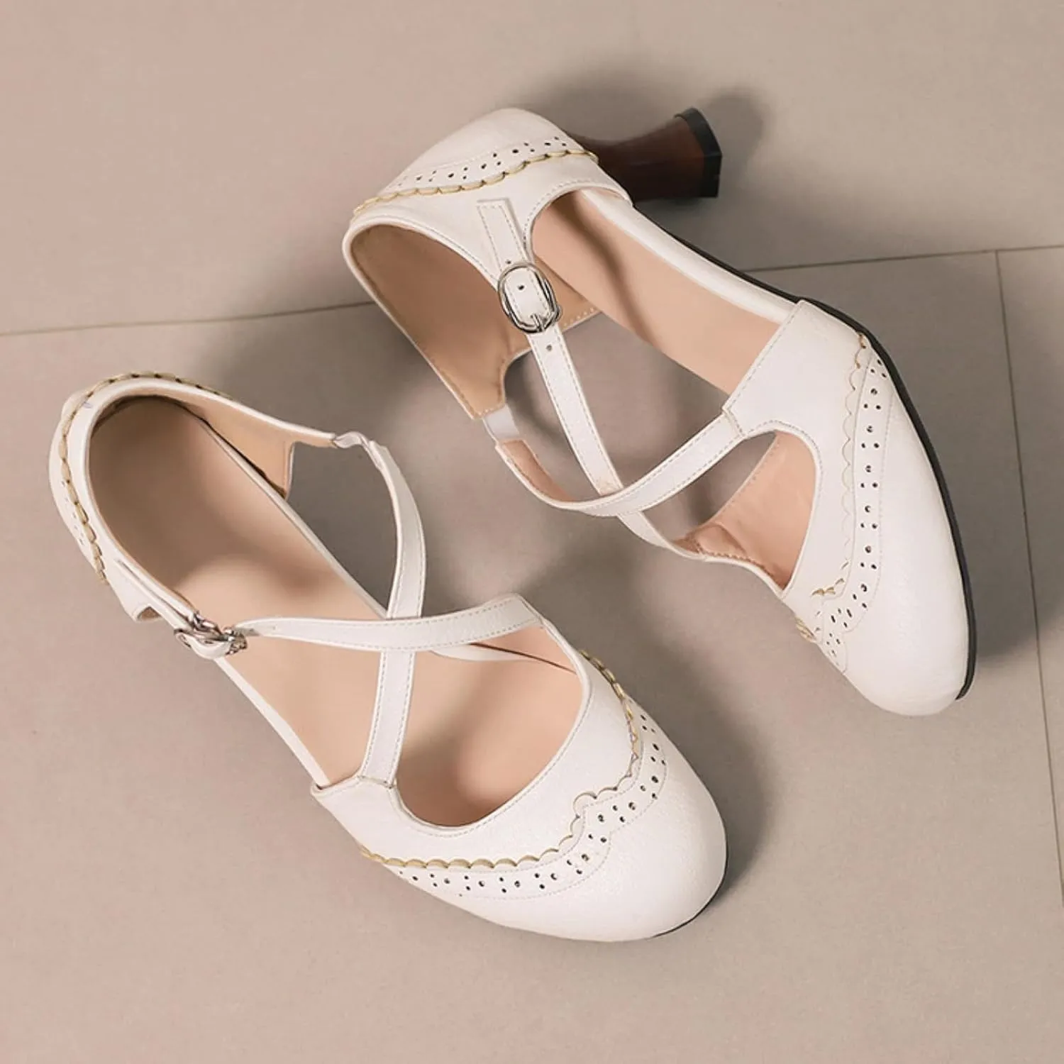 Women's Cross Ankle Strap Buckle Low Kitten Heels Mary Jane Dress Pumps Closed Round Toe Vintage Hollow Out Wingtip Brogues Office Work Oxfords Shoes