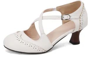 Women's Cross Ankle Strap Buckle Low Kitten Heels Mary Jane Dress Pumps Closed Round Toe Vintage Hollow Out Wingtip Brogues Office Work Oxfords Shoes
