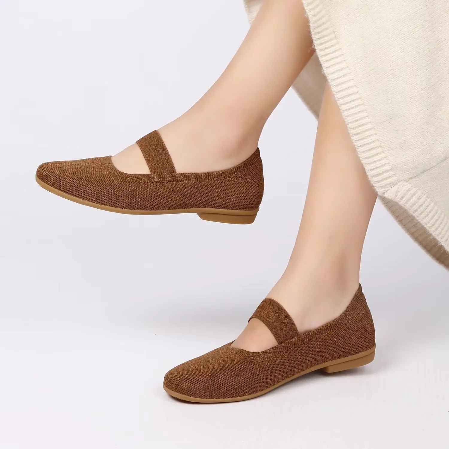 Women’s Flats Shoes Knit Mary Jane Ballet Flat Comfort Walking Dressy Work Office Ballerina Slip-on Shoes with Strap