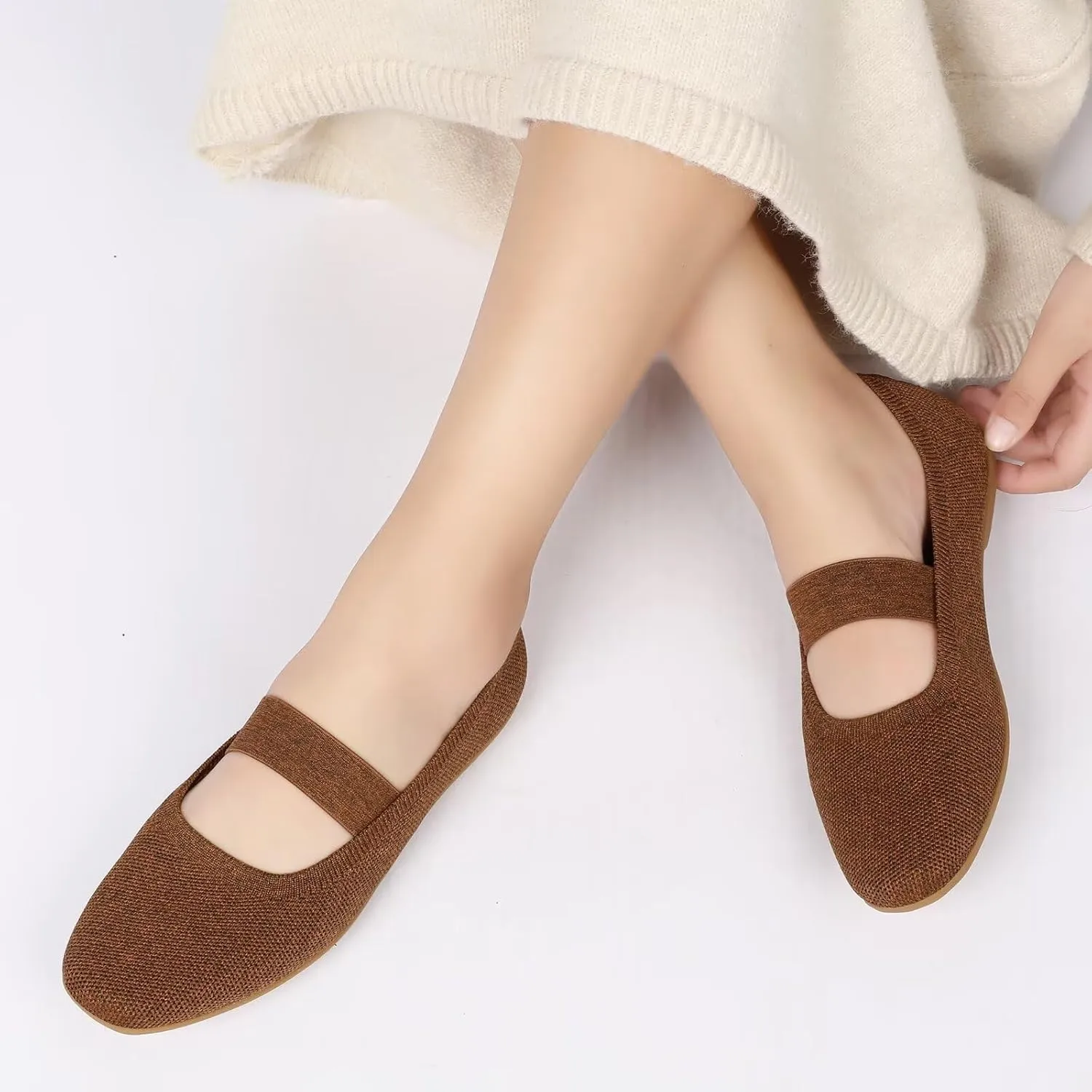 Women’s Flats Shoes Knit Mary Jane Ballet Flat Comfort Walking Dressy Work Office Ballerina Slip-on Shoes with Strap