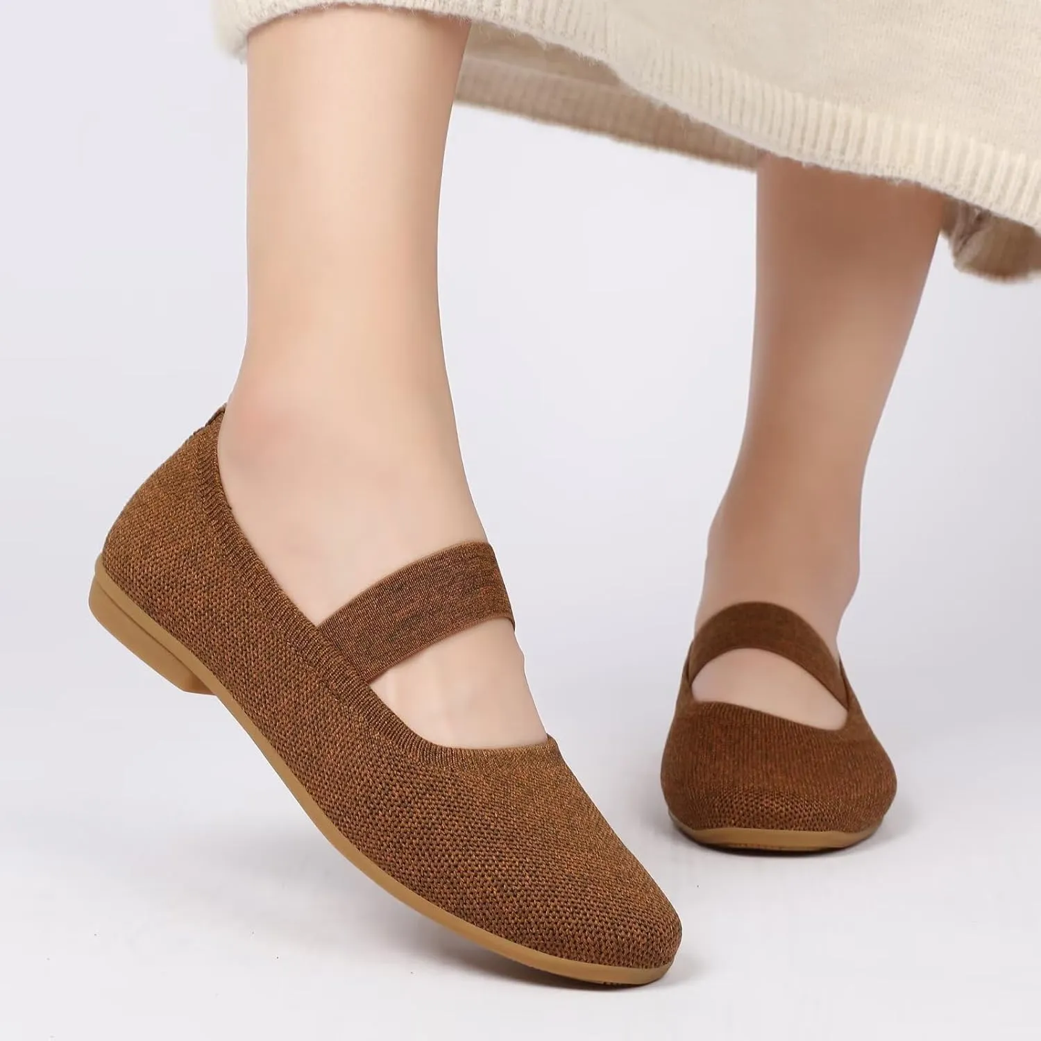 Women’s Flats Shoes Knit Mary Jane Ballet Flat Comfort Walking Dressy Work Office Ballerina Slip-on Shoes with Strap