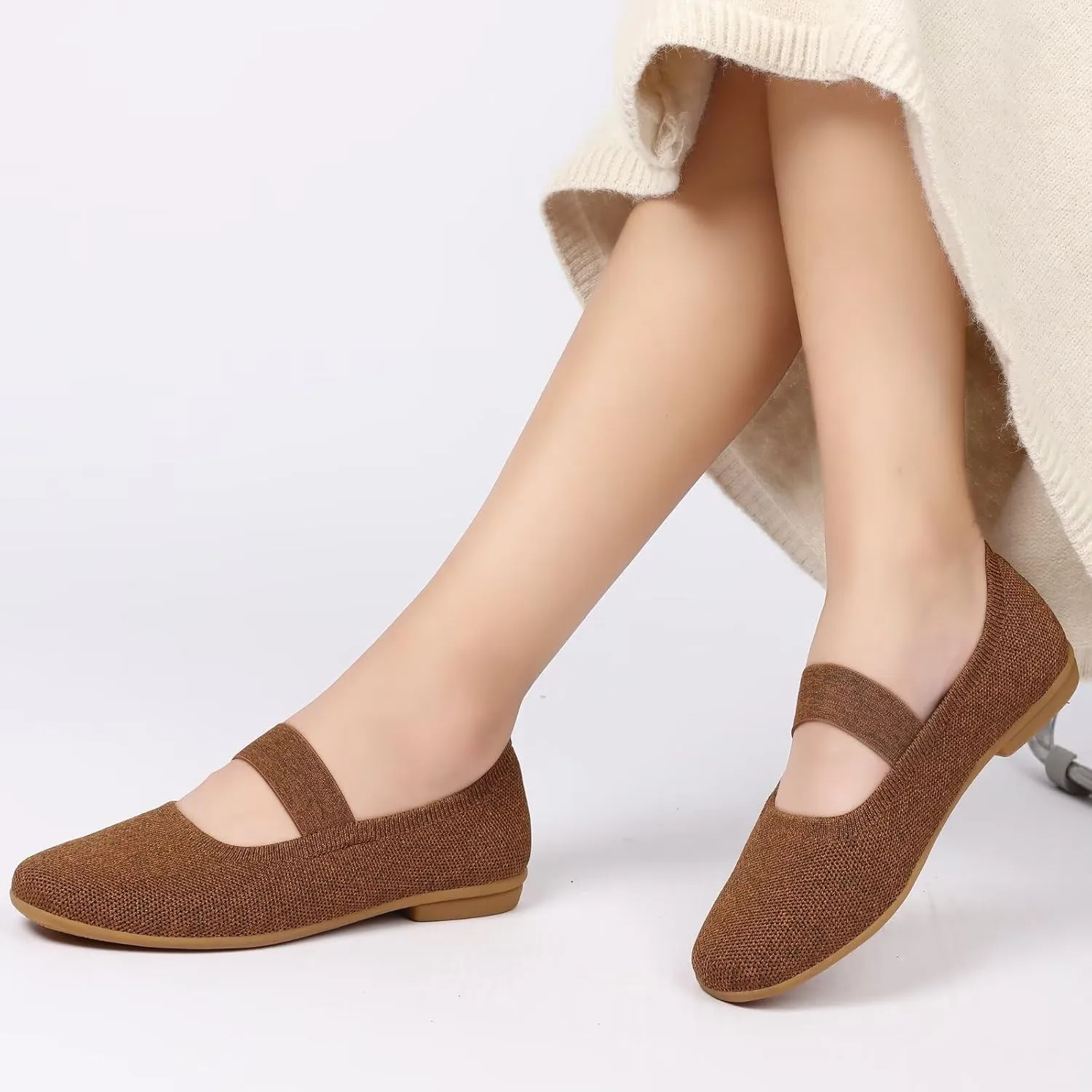 Women’s Flats Shoes Knit Mary Jane Ballet Flat Comfort Walking Dressy Work Office Ballerina Slip-on Shoes with Strap