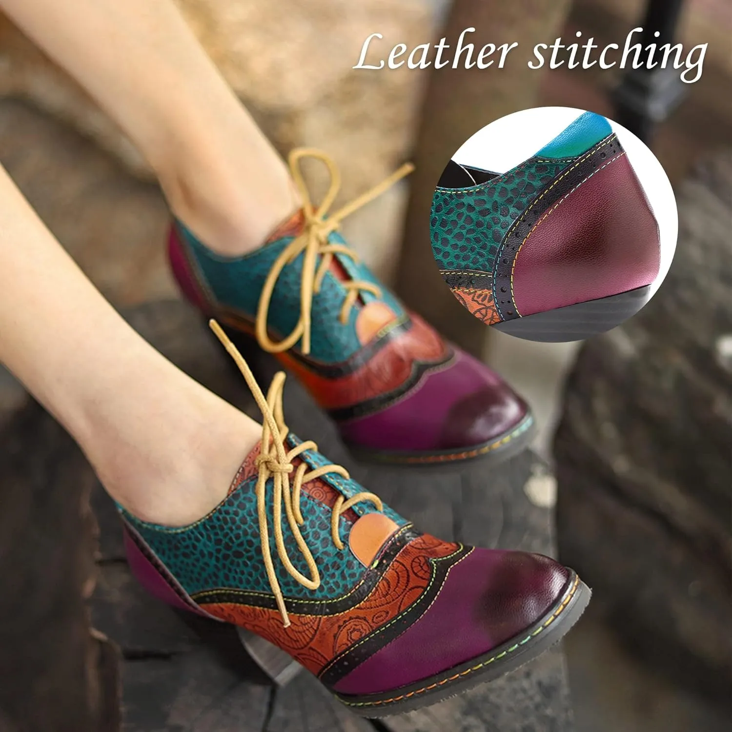 Women's Handmade Lambskin Oxford Loafers Shoes with Retro Ethnic Printed Style, Brock Design for Casual and Fashion Collegiate Style