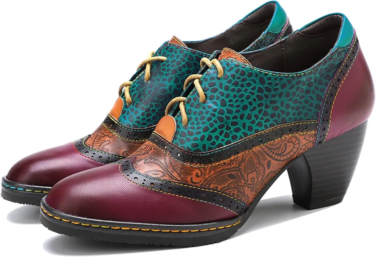 Women's Handmade Lambskin Oxford Loafers Shoes with Retro Ethnic Printed Style, Brock Design for Casual and Fashion Collegiate Style