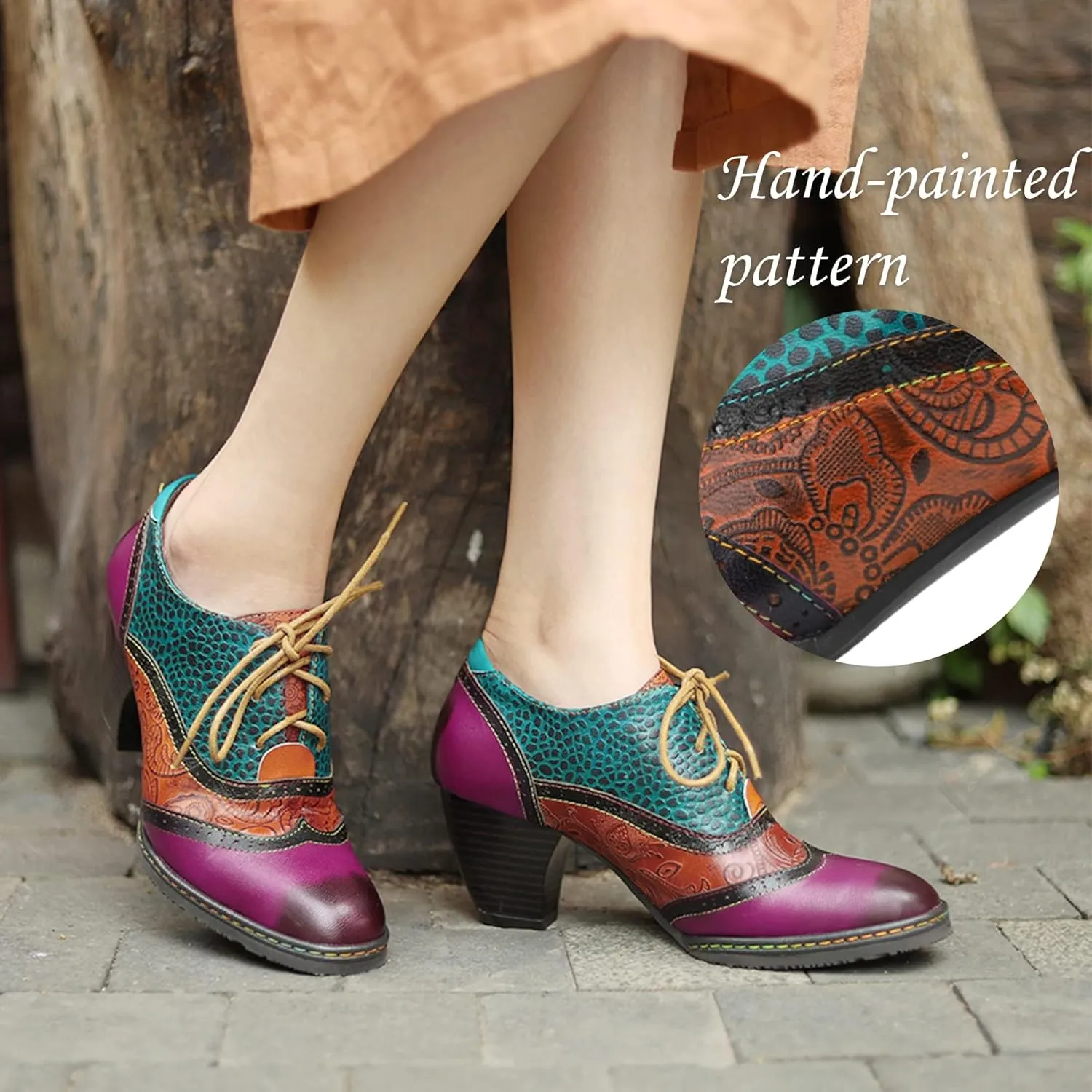 Women's Handmade Lambskin Oxford Loafers Shoes with Retro Ethnic Printed Style, Brock Design for Casual and Fashion Collegiate Style