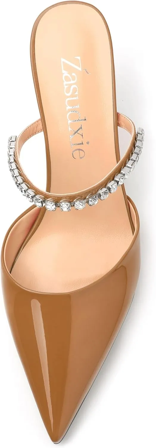 Womens Heeled Sandals Rhinestones Strap Pointed Toe Stiletto High Heels Fashion Dress Mules Shoes For Women 2.5 Inch