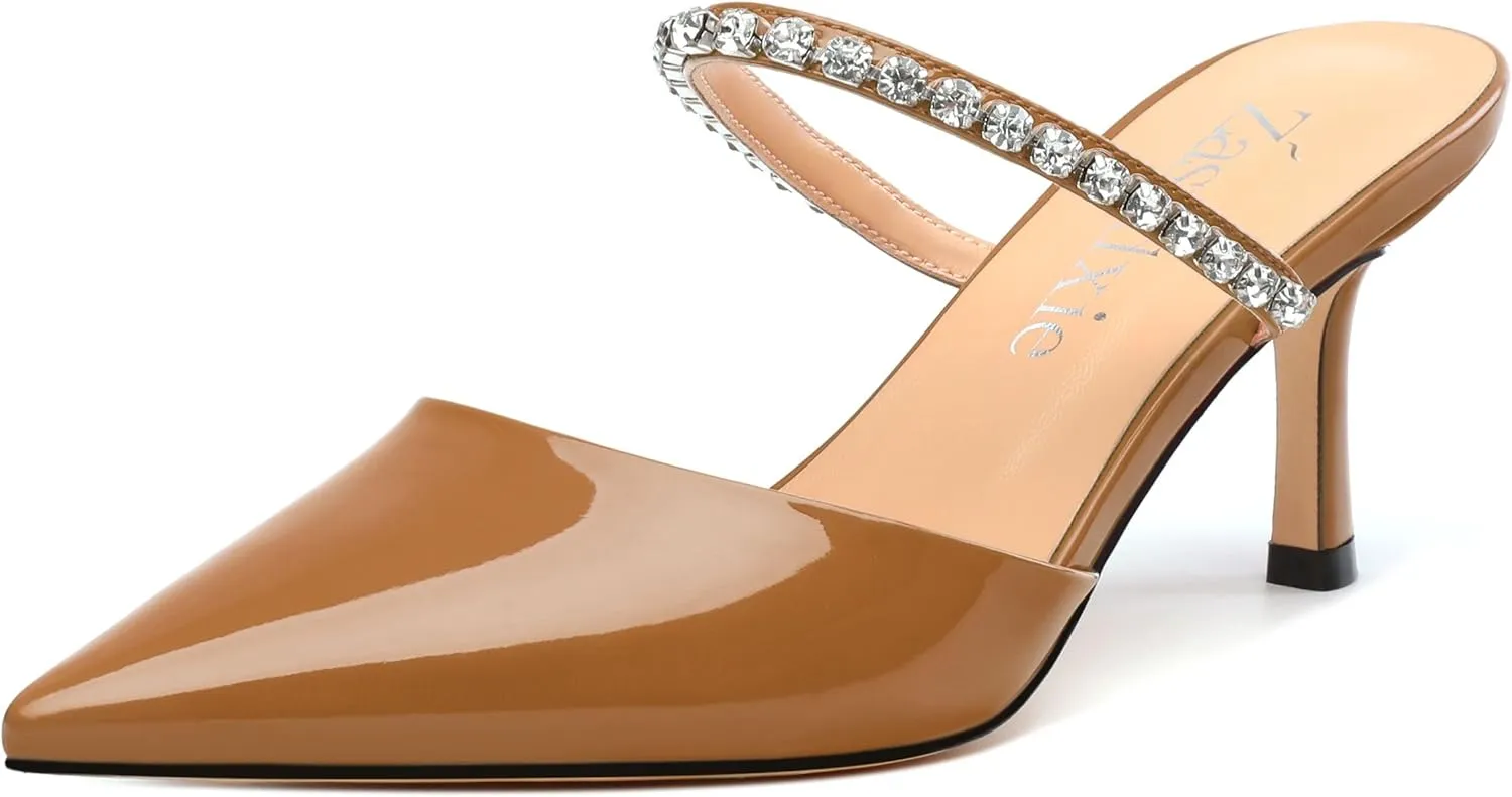 Womens Heeled Sandals Rhinestones Strap Pointed Toe Stiletto High Heels Fashion Dress Mules Shoes For Women 2.5 Inch