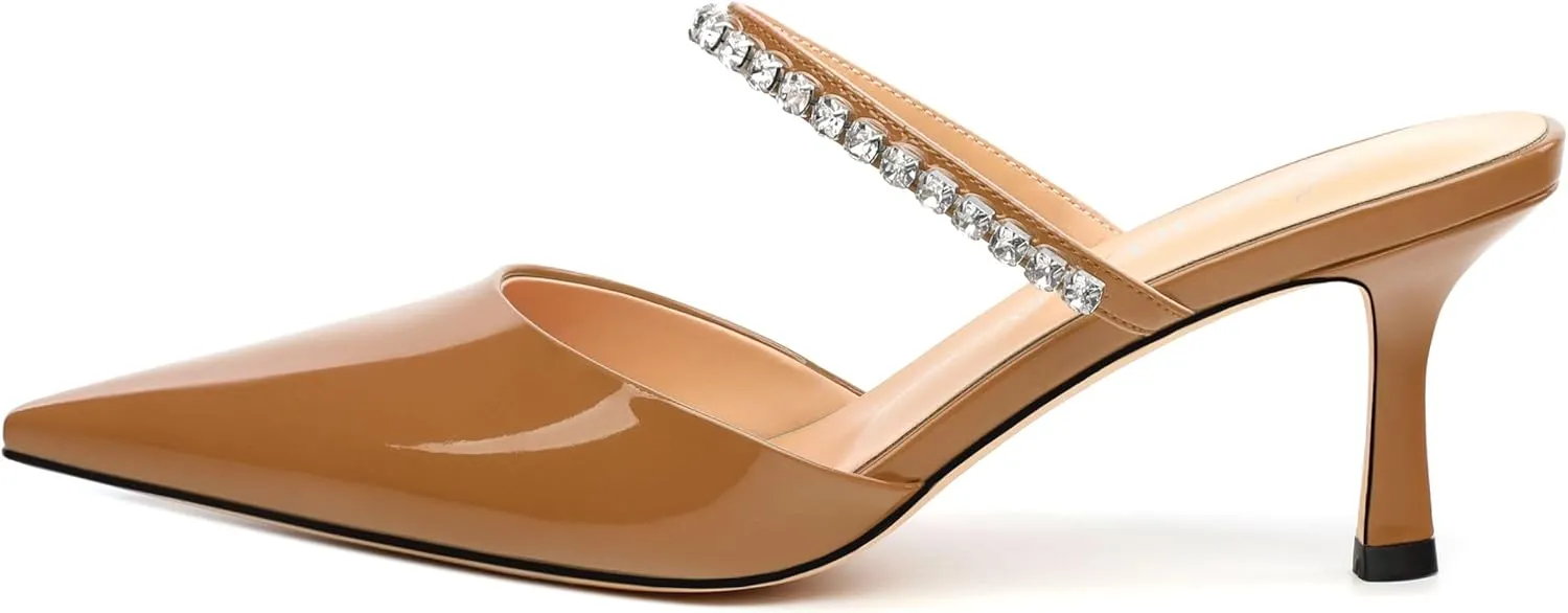 Womens Heeled Sandals Rhinestones Strap Pointed Toe Stiletto High Heels Fashion Dress Mules Shoes For Women 2.5 Inch
