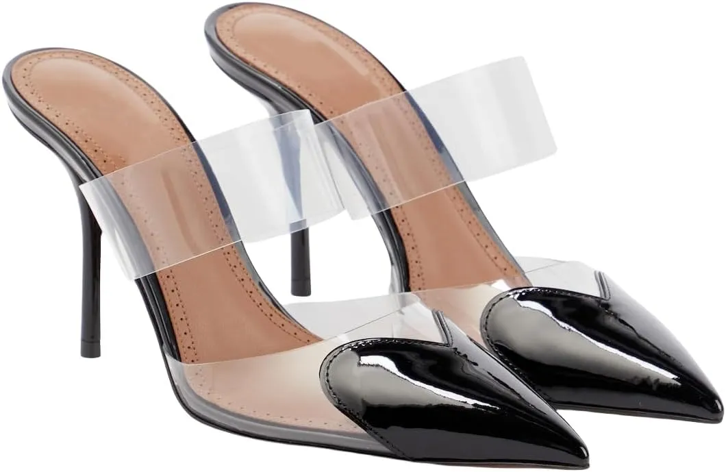 Women's High Heeled Mules Heart Clear PVC Sandals Pointed Toe Stiletto Mule Slip On Sandals Party Wedding Dress Shoes