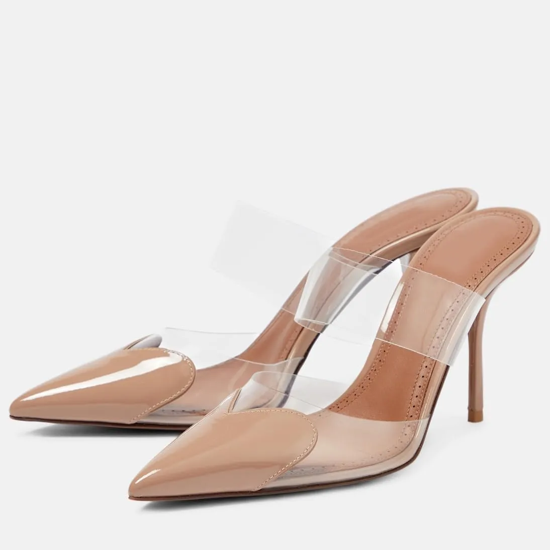Women's High Heeled Mules Heart Clear PVC Sandals Pointed Toe Stiletto Mule Slip On Sandals Party Wedding Dress Shoes