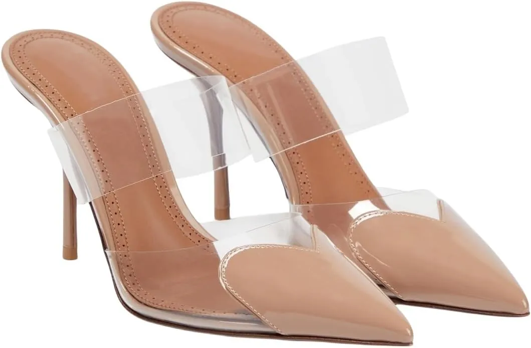 Women's High Heeled Mules Heart Clear PVC Sandals Pointed Toe Stiletto Mule Slip On Sandals Party Wedding Dress Shoes