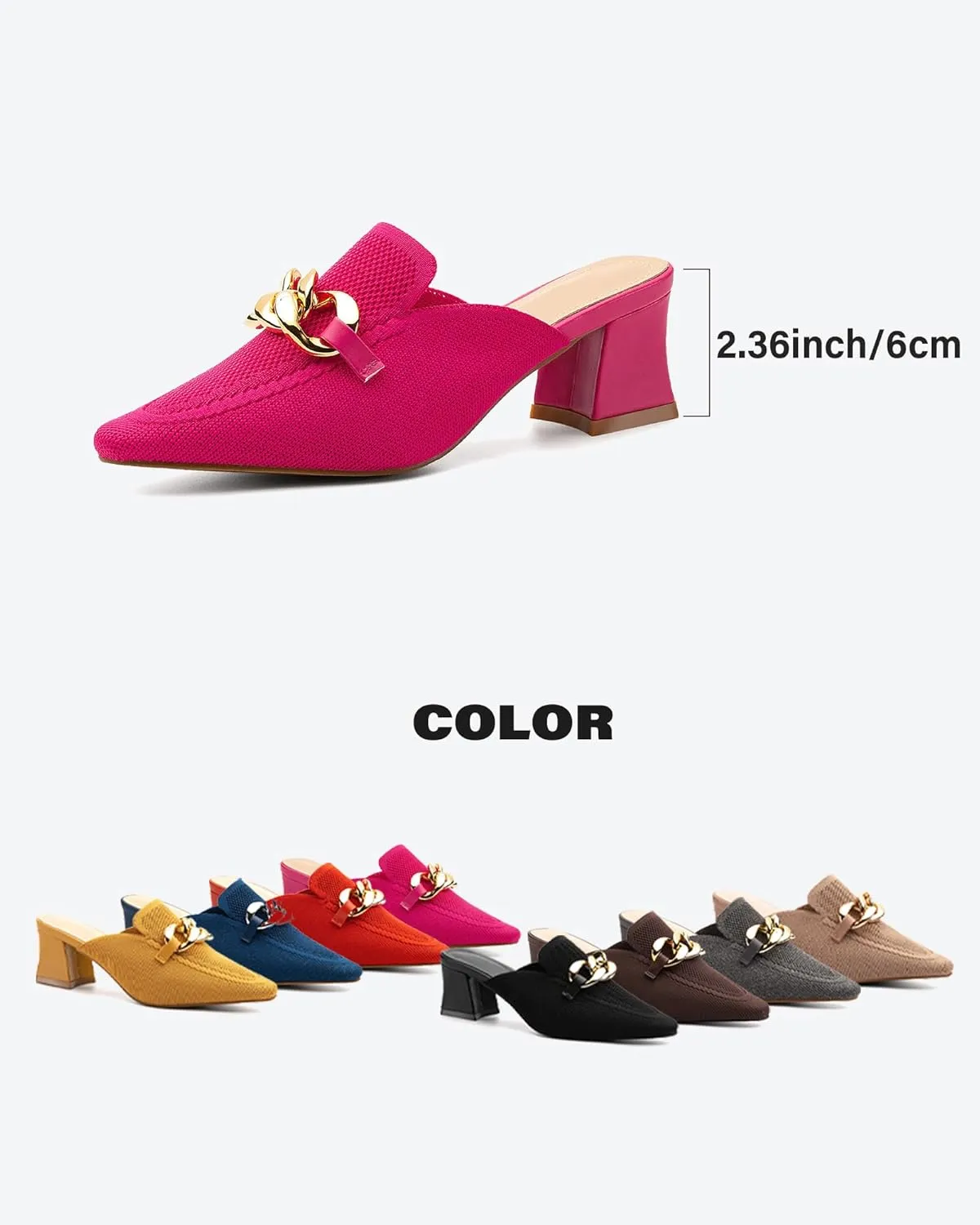 Women's Knit Pointed Toe Chunky Heel Mules, Comfortable Slip-On Sandals for Business and Daily Wear