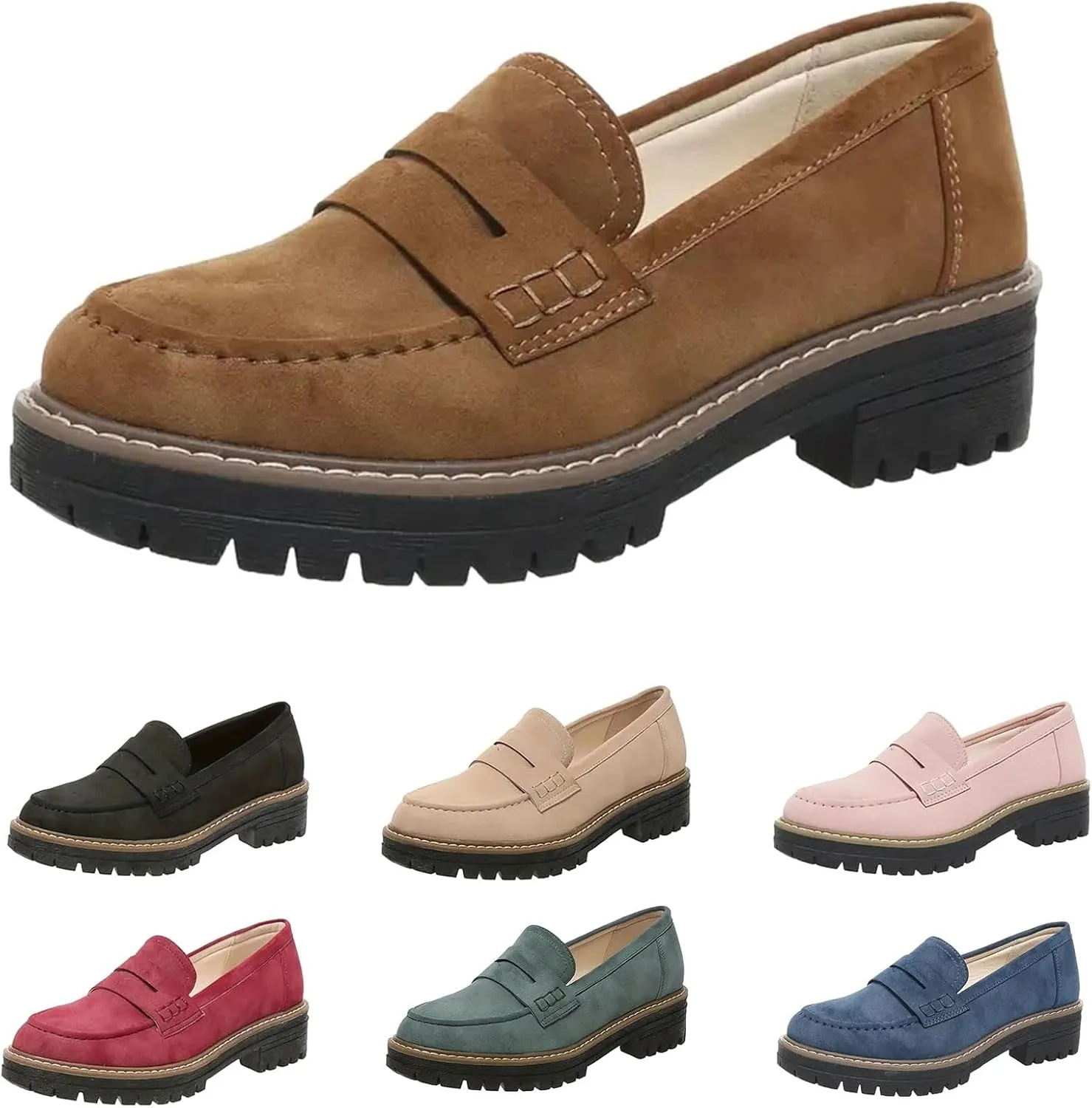 Womens Loafers Dressy Suede Chunky Slip On Shoes Penny Loafer Lug Sole Comfortable Casual Business Shoes Summer Fashion Office Shoe Retro Comfy Oxford for Work