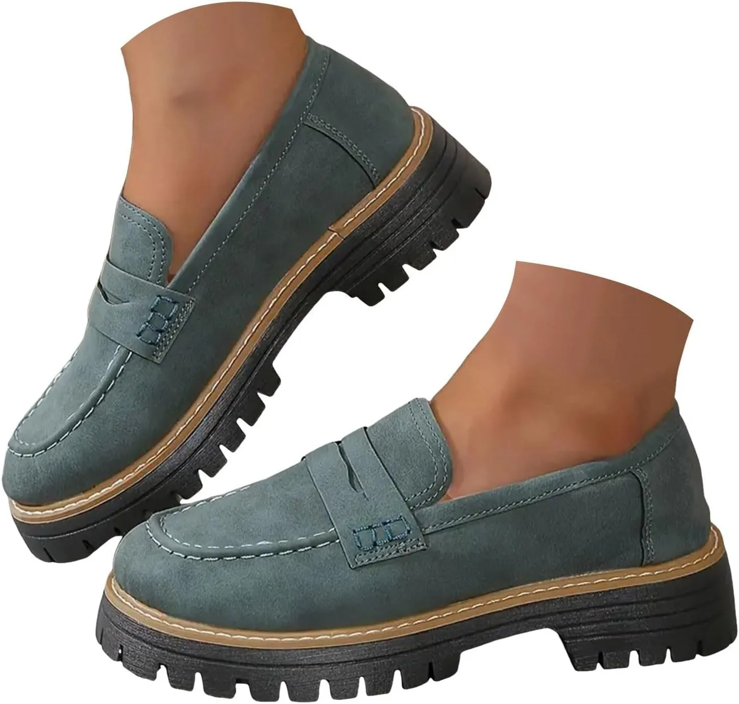 Womens Loafers Dressy Suede Chunky Slip On Shoes Penny Loafer Lug Sole Comfortable Casual Business Shoes Summer Fashion Office Shoe Retro Comfy Oxford for Work
