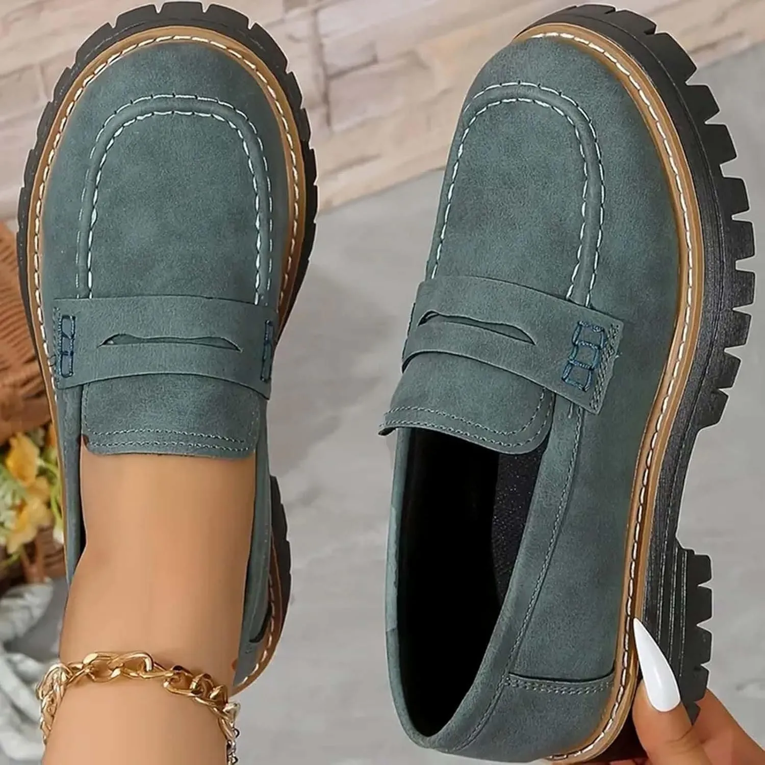 Womens Loafers Dressy Suede Chunky Slip On Shoes Penny Loafer Lug Sole Comfortable Casual Business Shoes Summer Fashion Office Shoe Retro Comfy Oxford for Work