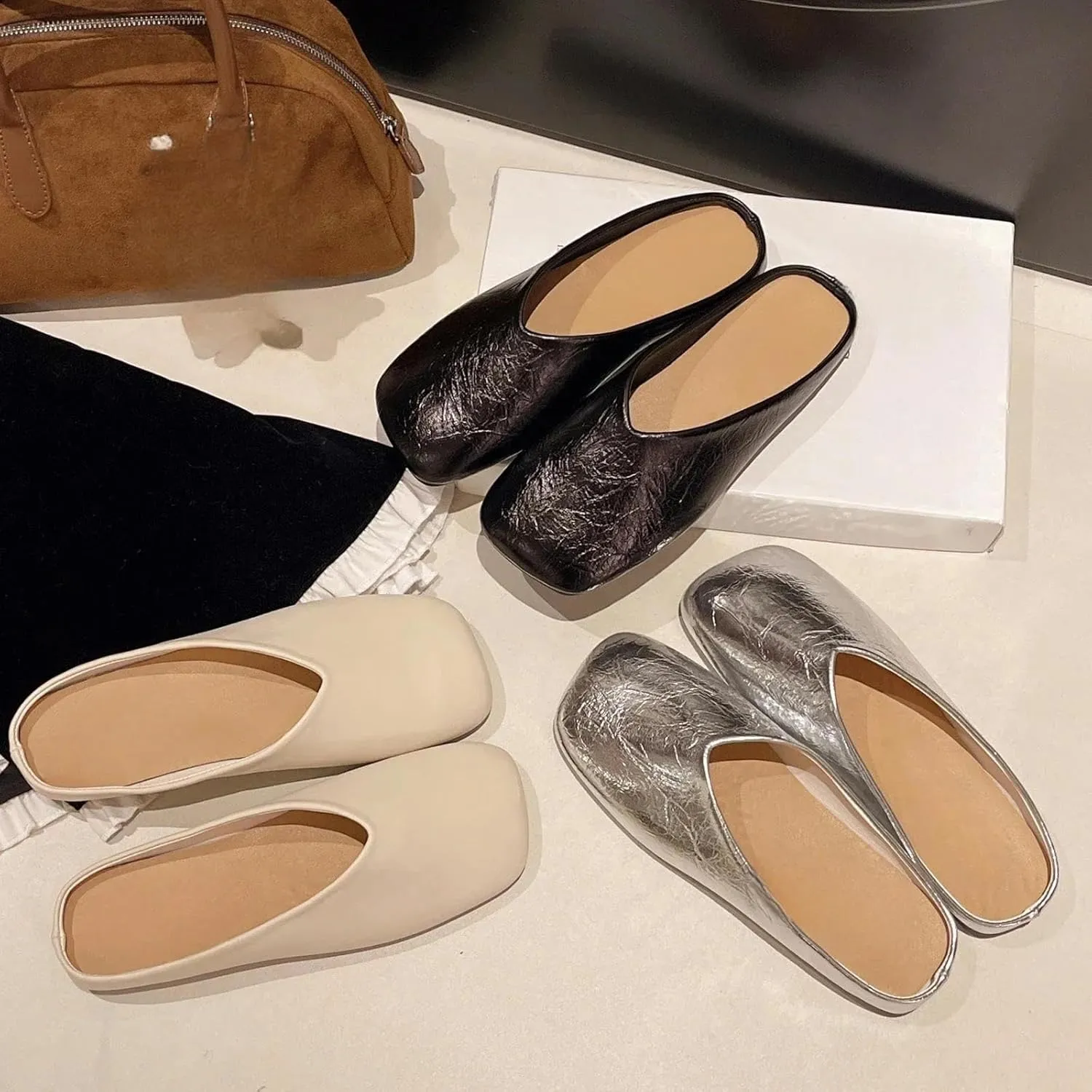 Women's Mule Sandals Women's Mules Summer Elegant Square Closed Flat Slippers 35-42