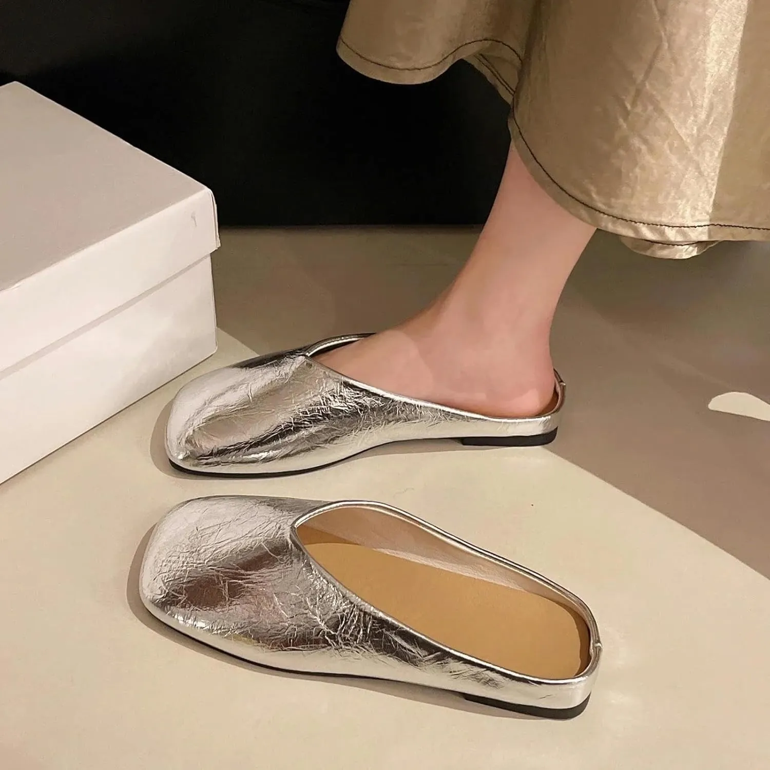 Women's Mule Sandals Women's Mules Summer Elegant Square Closed Flat Slippers 35-42