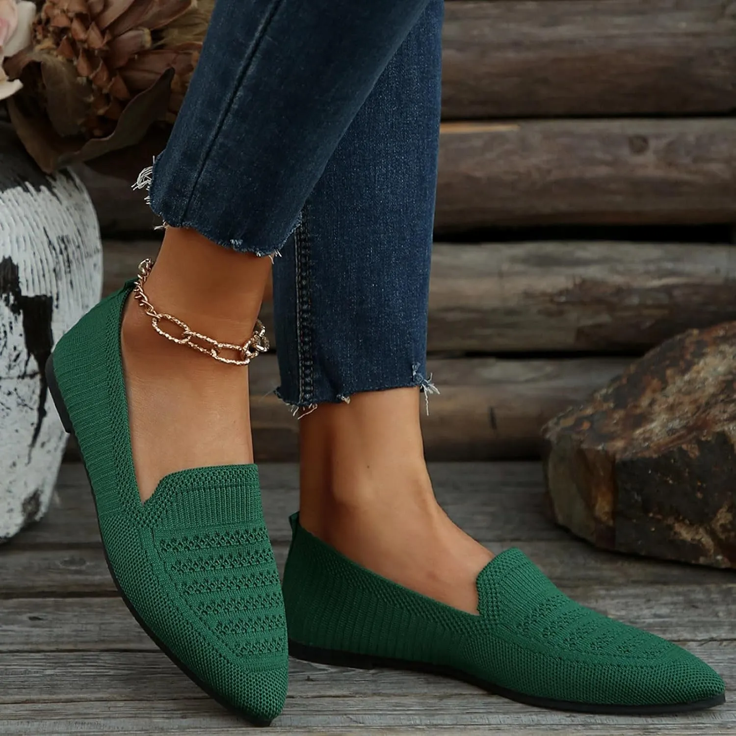 Women's Pointy Toe Loafers Extra Comfortable Knit Dress Shoes Cute Penny Loafer Slip On Ballet Flats Softable Shoes