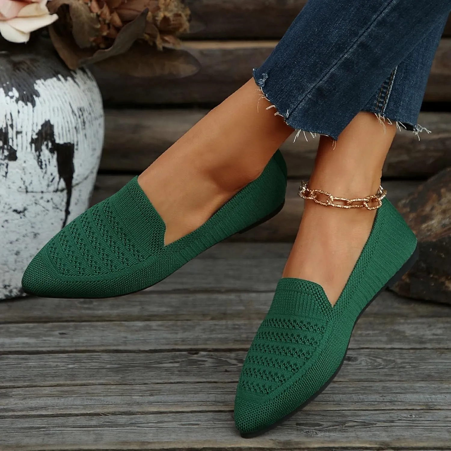 Women's Pointy Toe Loafers Extra Comfortable Knit Dress Shoes Cute Penny Loafer Slip On Ballet Flats Softable Shoes