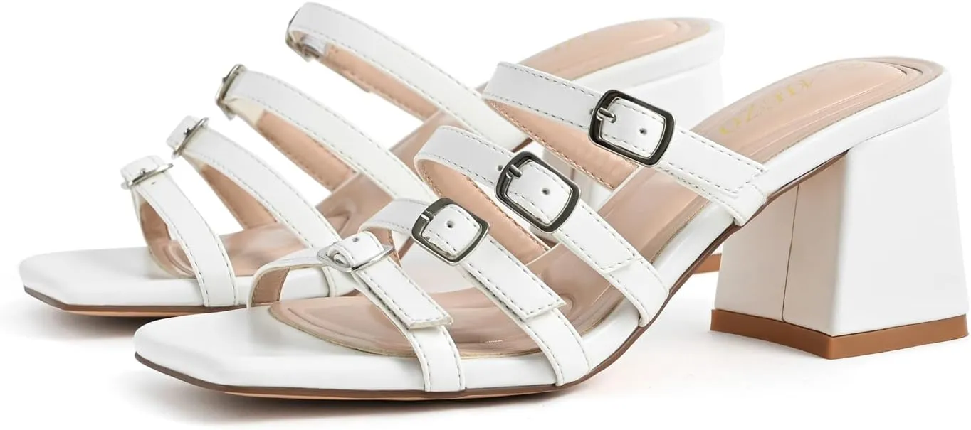 Women's Square Toe Sandals with Adjustable Multi-Strap - Slip On Mule Chunky Block Heel Summer Casual Footwear