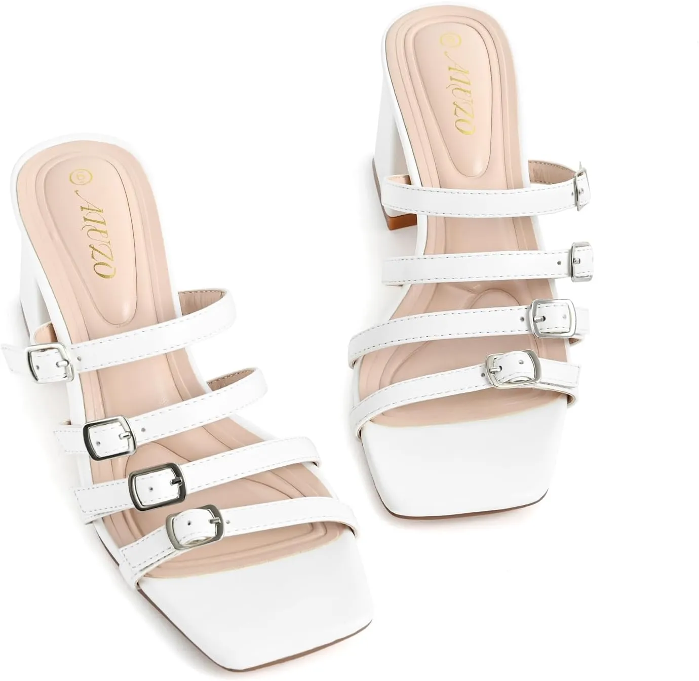 Women's Square Toe Sandals with Adjustable Multi-Strap - Slip On Mule Chunky Block Heel Summer Casual Footwear