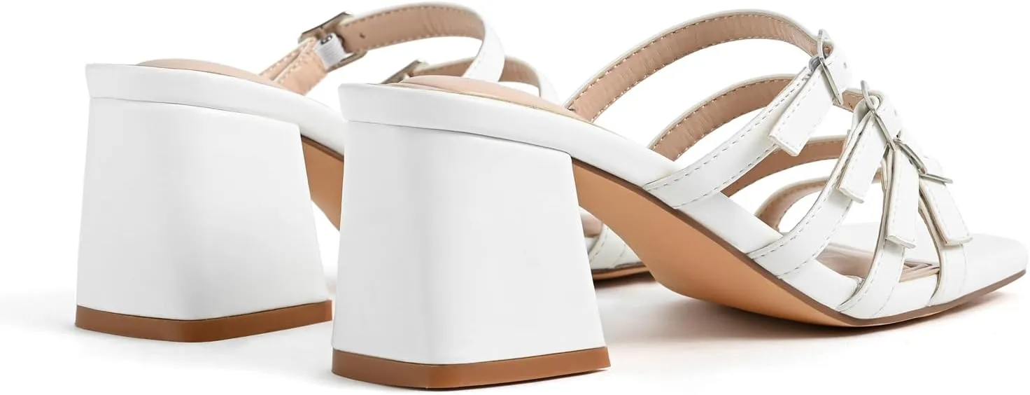 Women's Square Toe Sandals with Adjustable Multi-Strap - Slip On Mule Chunky Block Heel Summer Casual Footwear