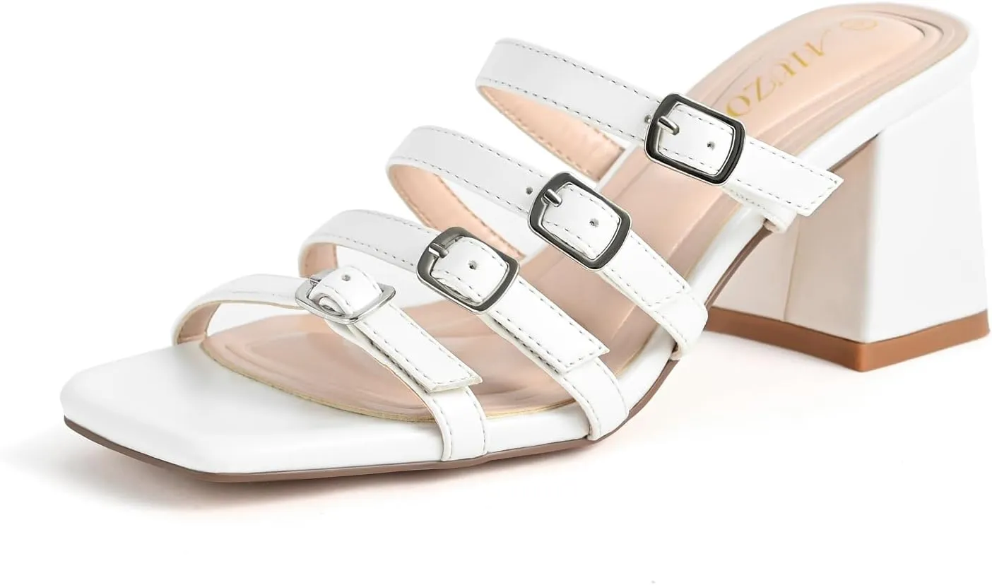 Women's Square Toe Sandals with Adjustable Multi-Strap - Slip On Mule Chunky Block Heel Summer Casual Footwear